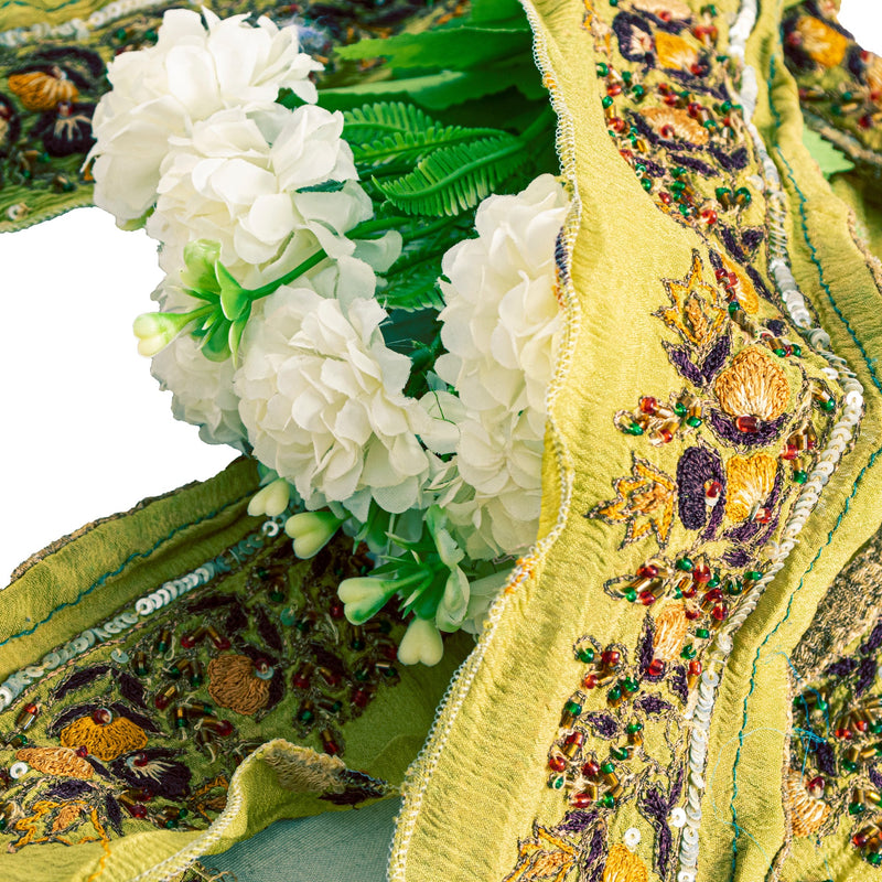 Sanskriti Vintage Saree Border Hand Beaded Sequins 1 Yd Sarees Trim Lace 2W Pure Silk Green Sari Ribbon