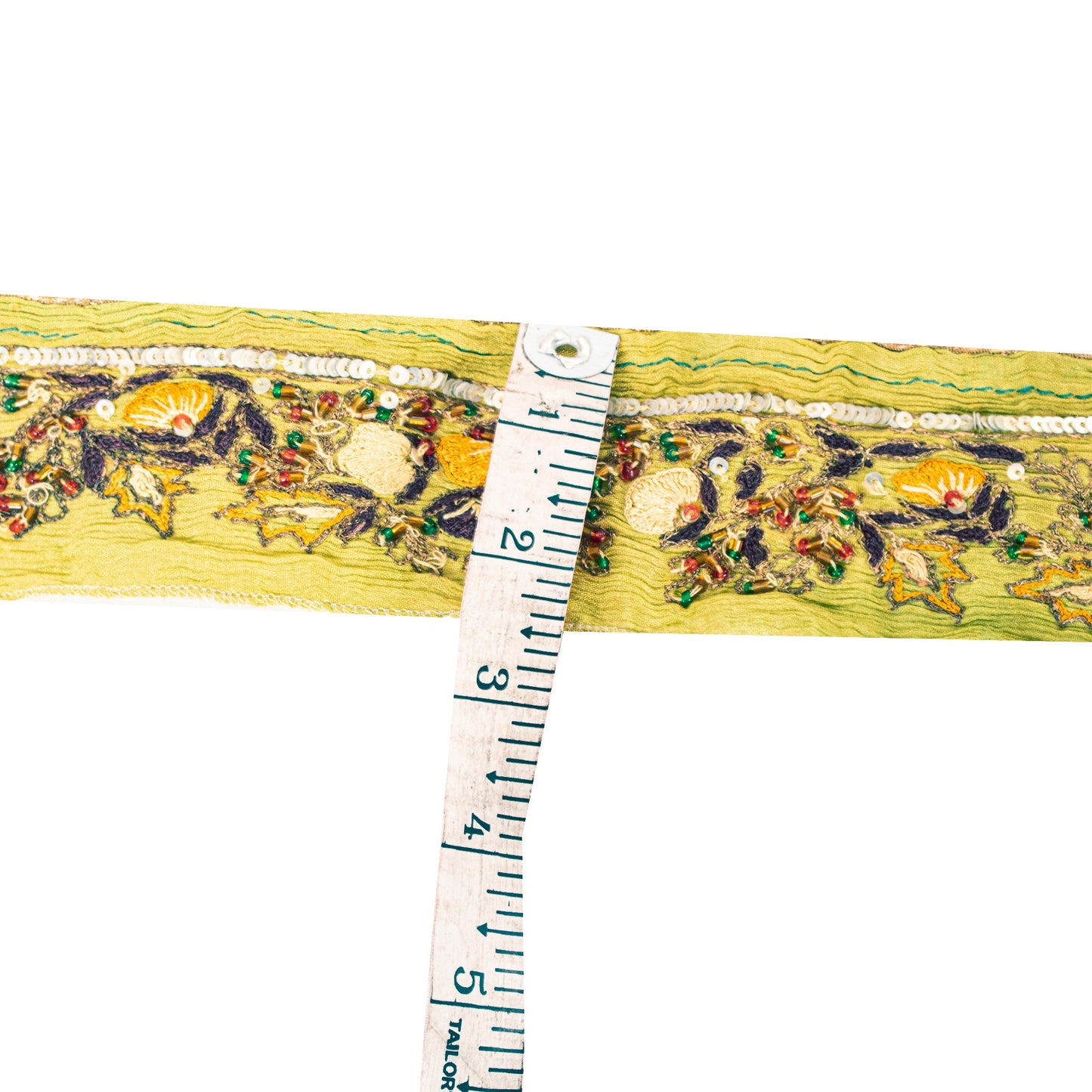 Sanskriti VINTAGE SARI BORDER HAND BEADED 1 yD TRIM LACE 2W PURE SILK GREEN