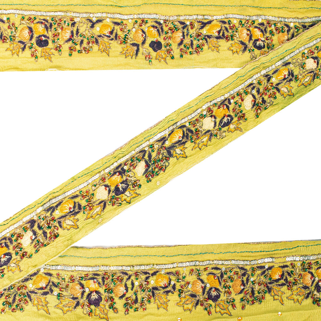 Sanskriti VINTAGE SARI BORDER HAND BEADED 1 yD TRIM LACE 2W PURE SILK GREEN