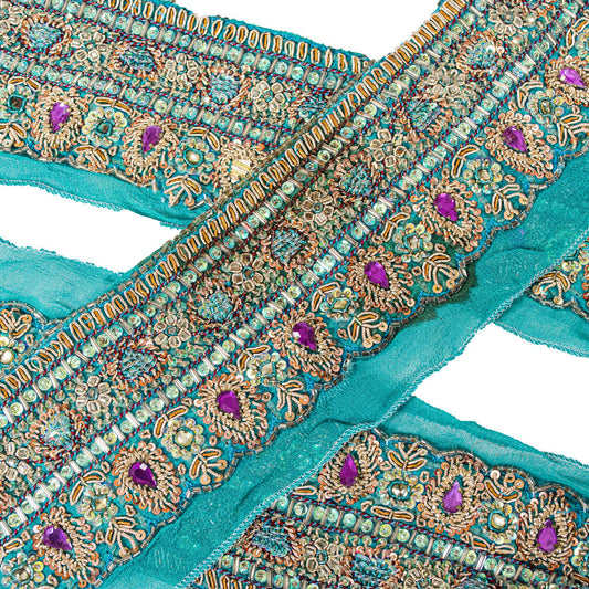 Sanskriti VINTAGE SARI BORDER HAND BEADED DECOR CRAFT TRIM LACE 3W INDIAN BLUE