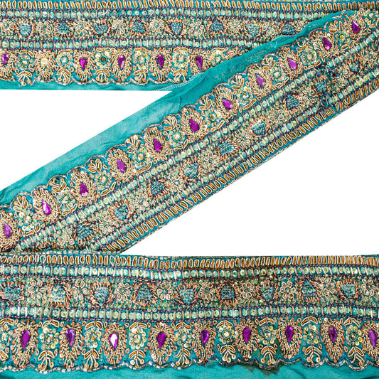 Sanskriti VINTAGE SARI BORDER HAND BEADED DECOR CRAFT TRIM LACE 3W INDIAN BLUE
