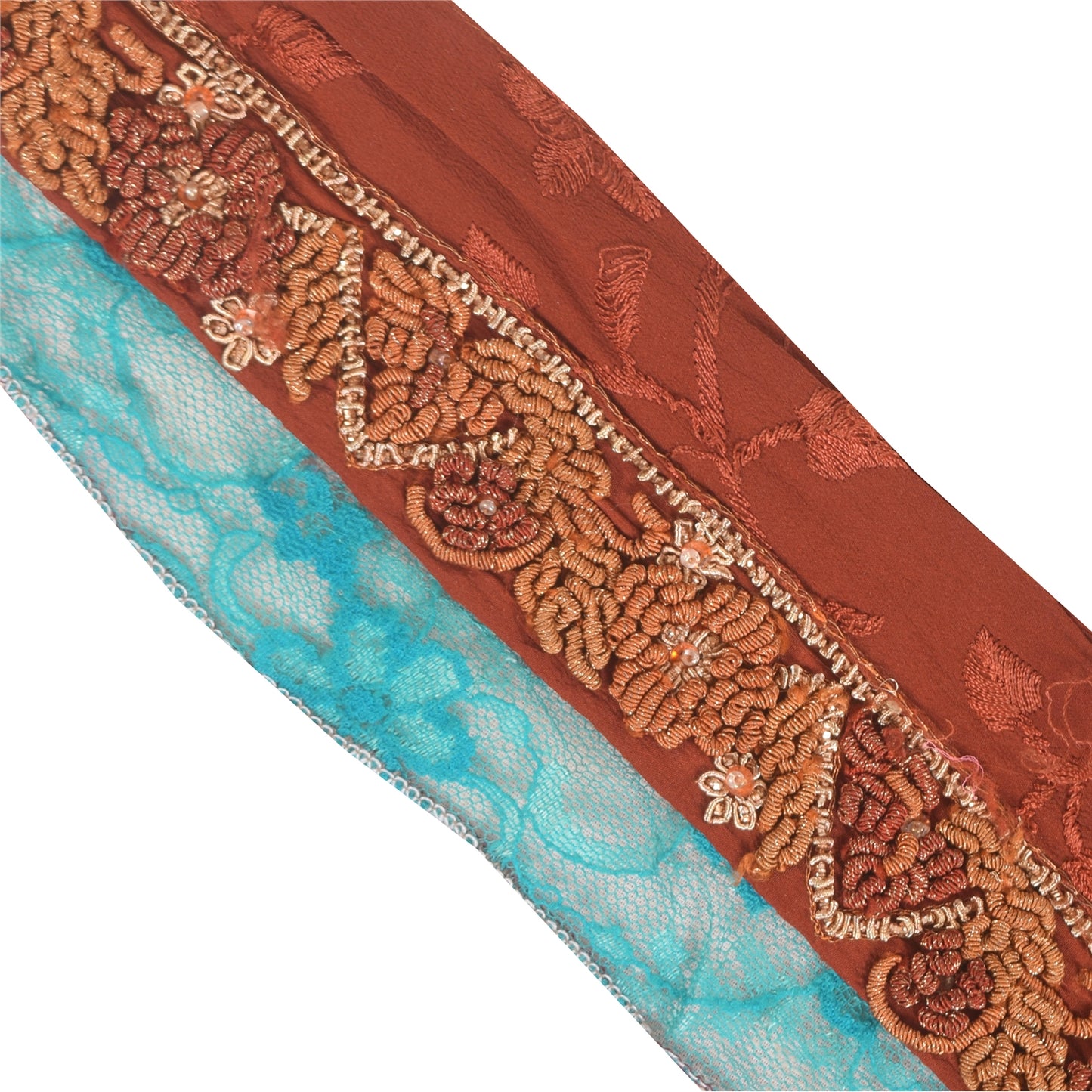 SANSKRITI VINTAGE SARI BORDER HANDBEADED 1 YD TRIM 1.5W RIBBON DARK ORANGE