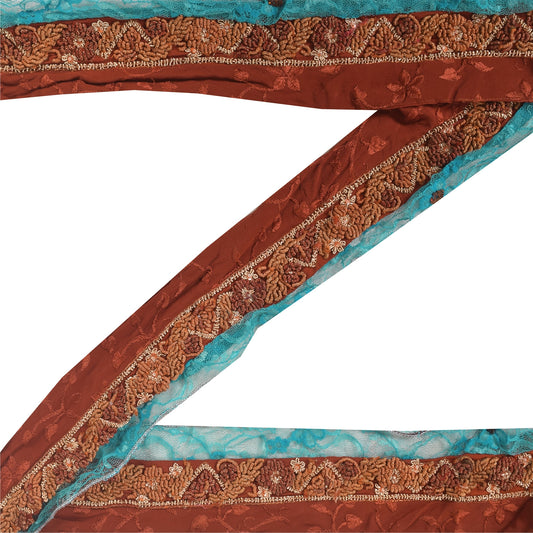 SANSKRITI VINTAGE SARI BORDER HANDBEADED 1 YD TRIM 1.5W RIBBON DARK ORANGE