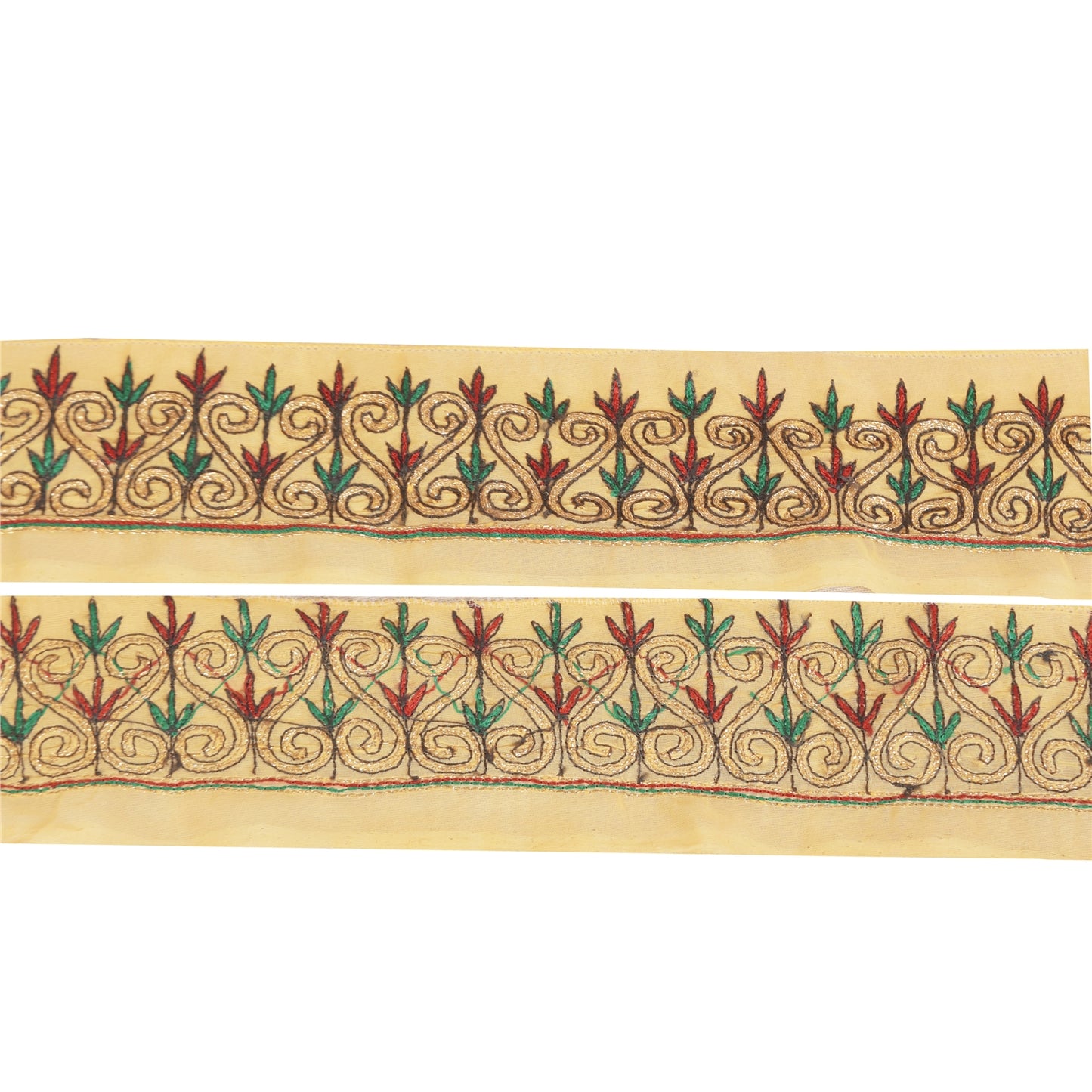 Sanskriti Vintage Sari Border Hand Embroidered Zari 1Yd Trim 1.5W Cream Ribbon
