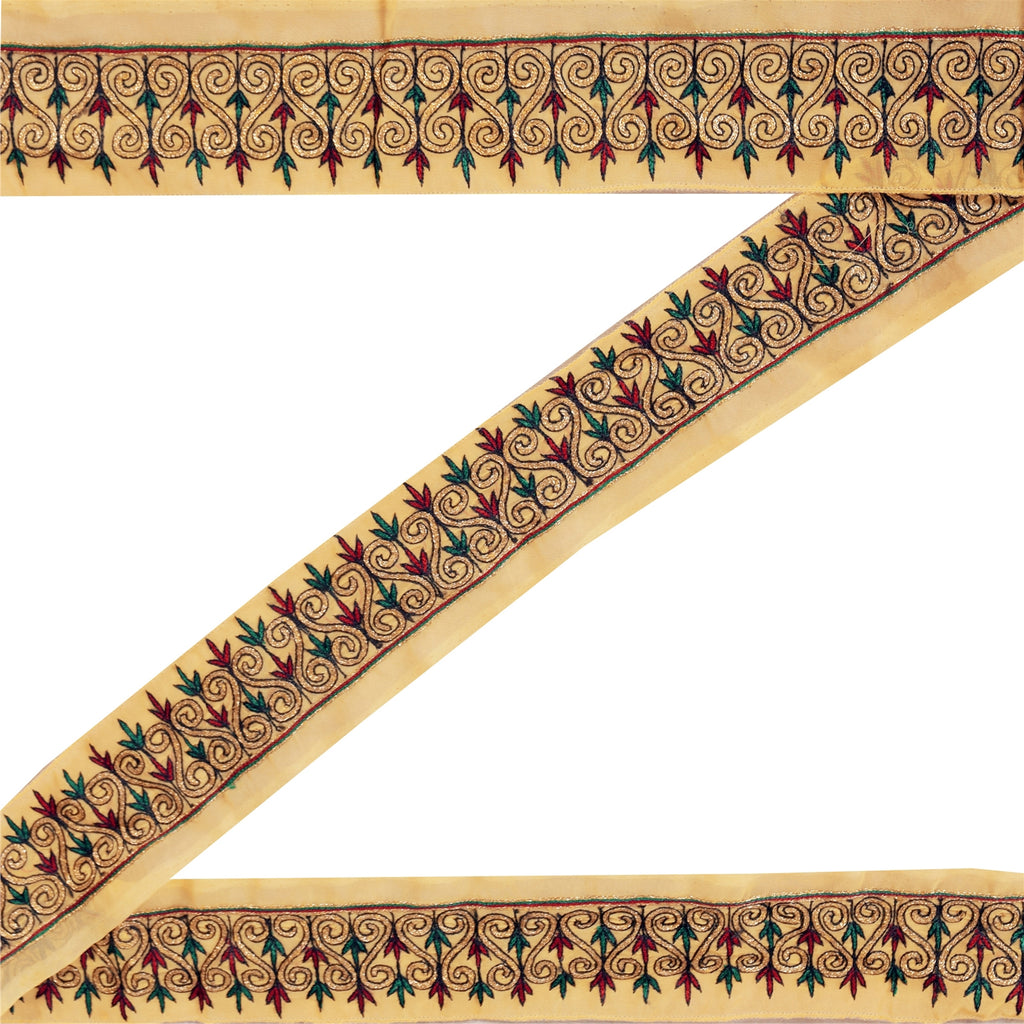Sanskriti Vintage Sari Border Hand Embroidered Zari 1Yd Trim 1.5W Cream Ribbon