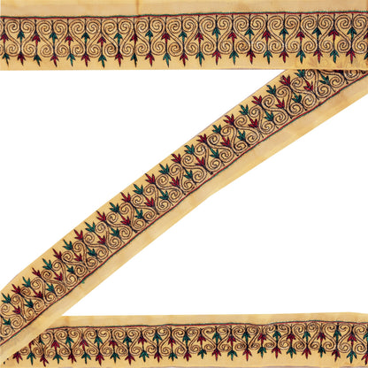Sanskriti Vintage Sari Border Hand Embroidered Zari 1Yd Trim 1.5W Cream Ribbon