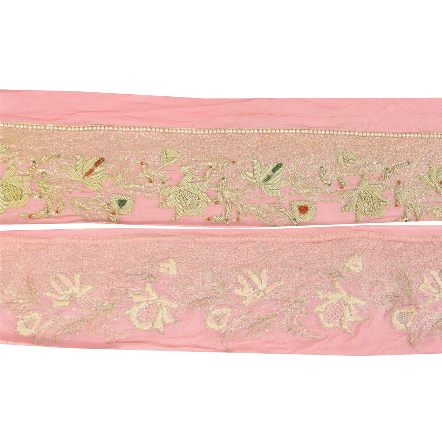 Sanskriti Vintage Sari/Saree Border Hand Beaded Zari 1 YD CraftTrim Pink 4W Lace