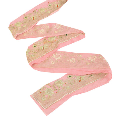 Sanskriti Vintage Sari/Saree Border Hand Beaded Zari 1 YD CraftTrim Pink 4W Lace
