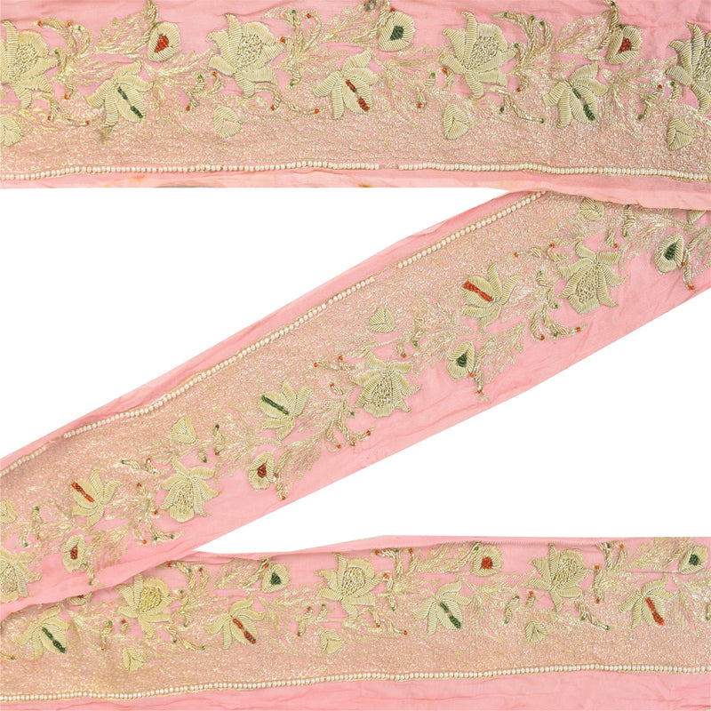Sanskriti Vintage Sari Sarees Border Hand Beaded Craft 1Yd Trim Lace 4W Floral Pink upholstery fabric