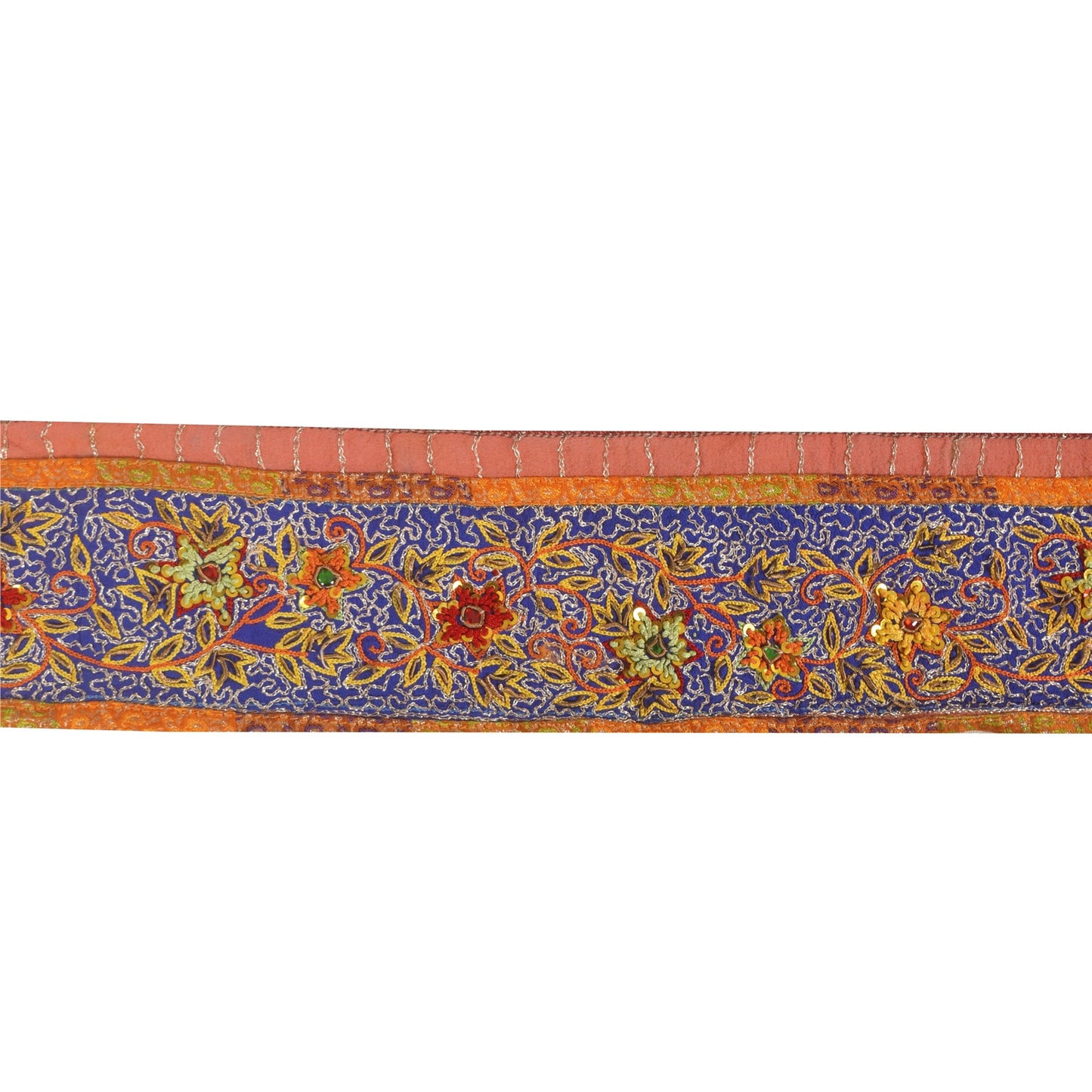 Sanskriti Vintage Sari/Saree Border Hand Beaded 1YD Trim Blue & Orange 2.5W Lace
