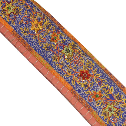 Sanskriti Vintage Sari/Saree Border Hand Beaded 1YD Trim Blue & Orange 2.5W Lace