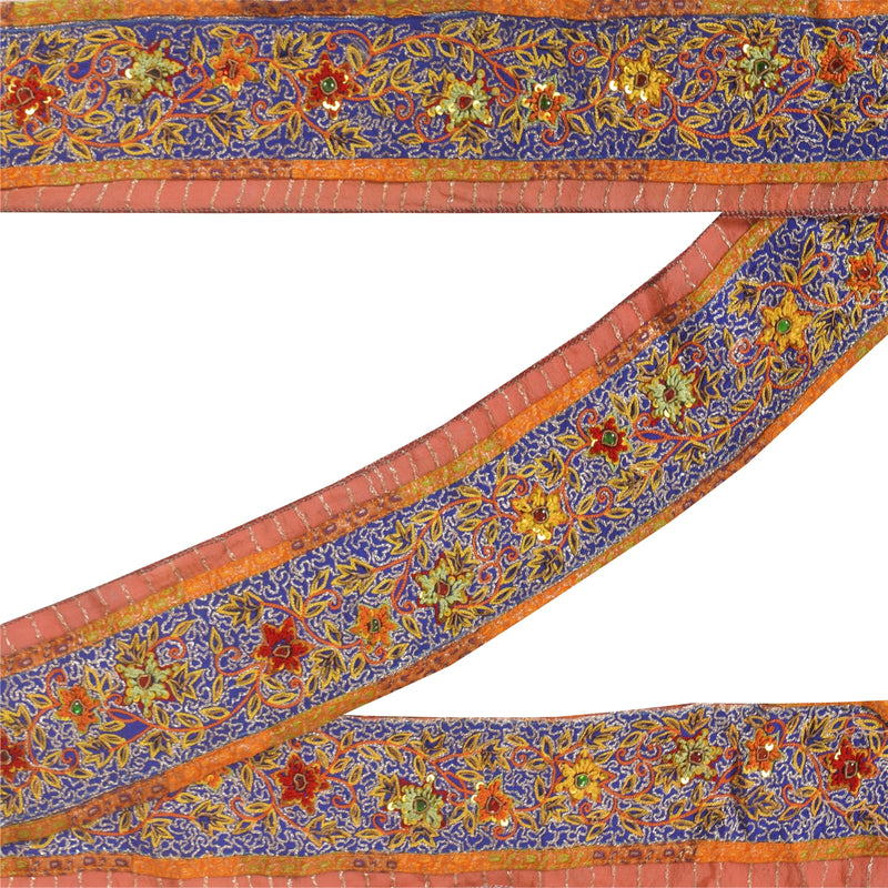 Sanskriti Vintage Saree/Sarees Border Blue & Orange Hand Beaded Zari Zardozi Pure Crepe Silk 1Yd Trim 2.5W Lace Ribbon upholstery fabric