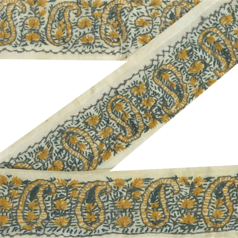 Sanskriti Vintage Sari Border Håndbroderet Håndværk 1Yd Syning Elfenben Kanter Blonde