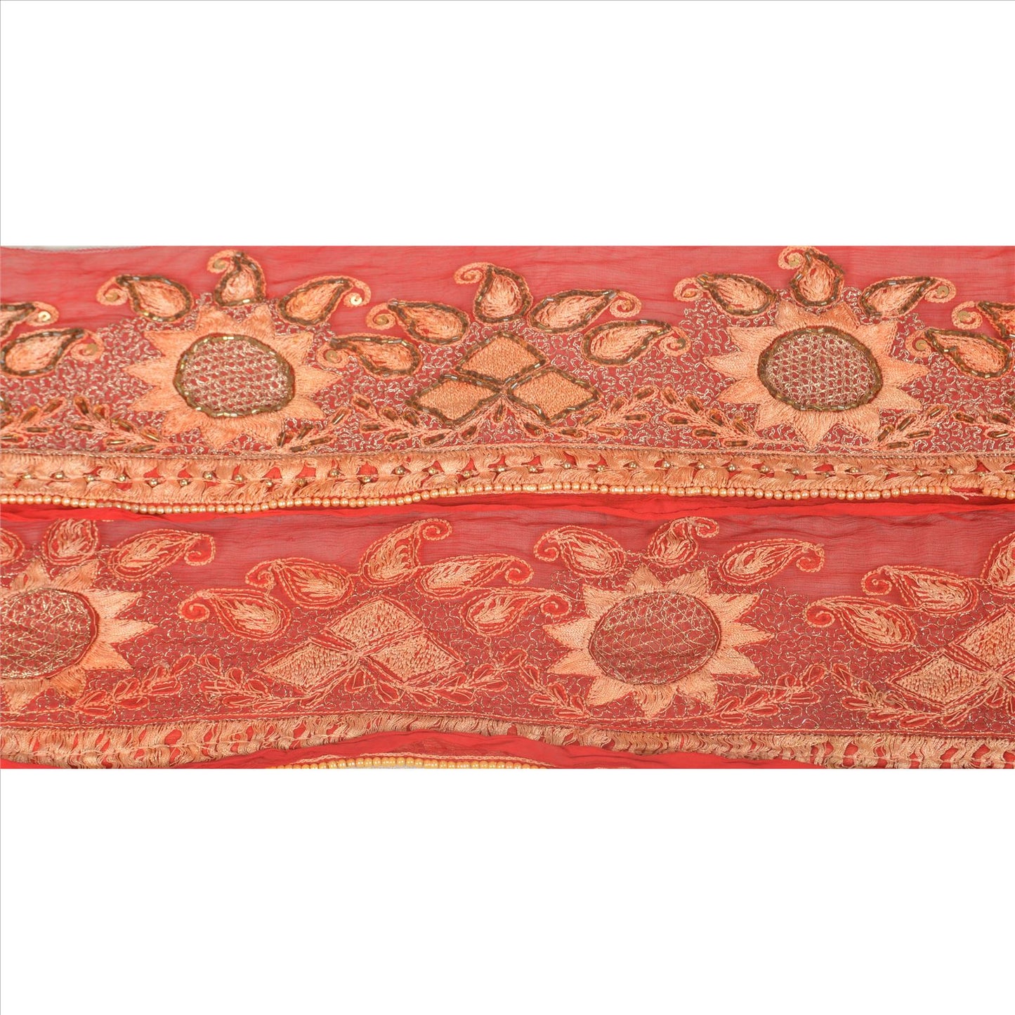 Sanskriti Vintage Border Hand Beaded 1 Yard Indian Trim Sewing Red Sequins Lace