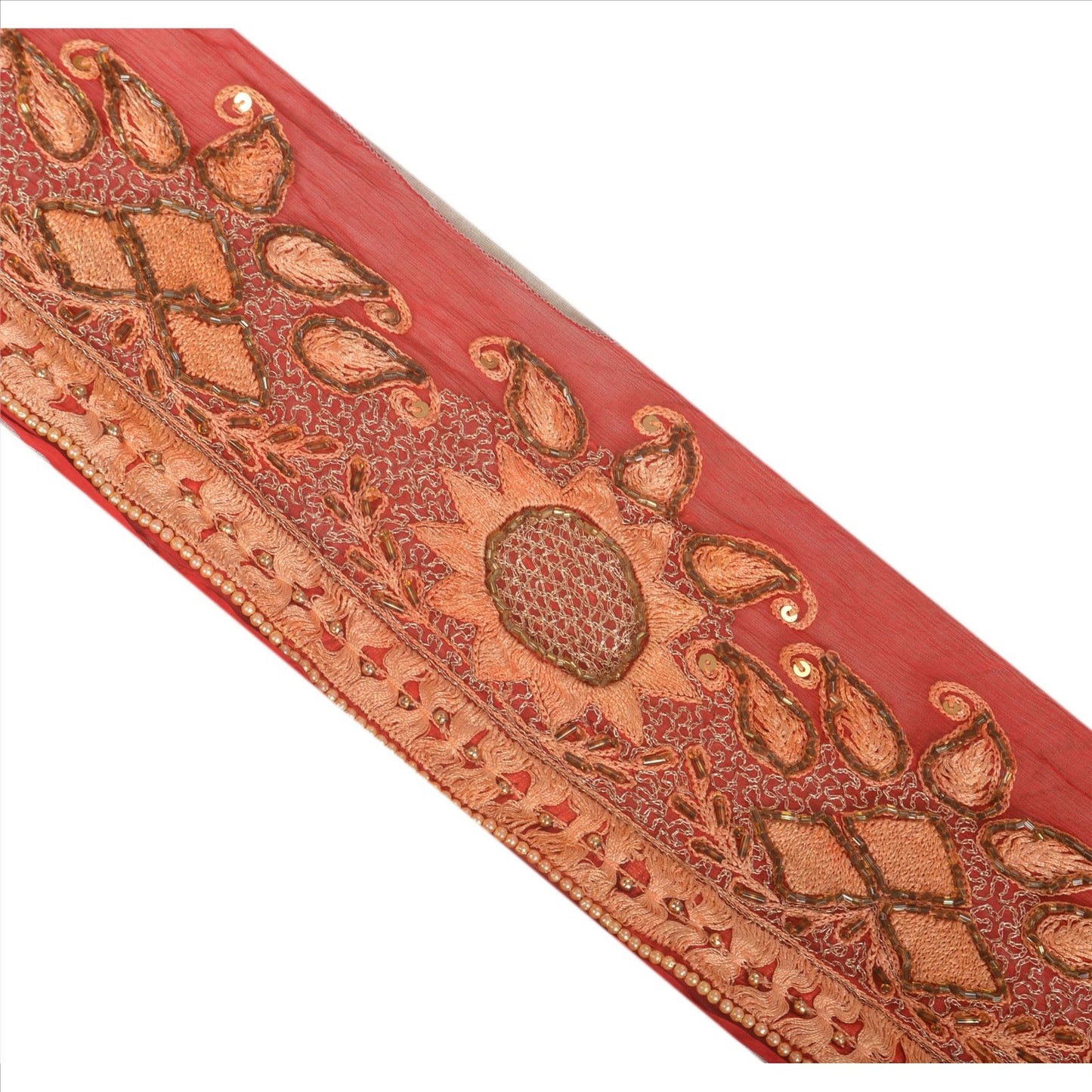 Sanskriti Vintage Border Hand Beaded 1 Yard Indian Trim Sewing Red Sequins Lace