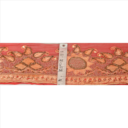 Sanskriti Vintage Border Hand Beaded 1 Yard Indian Trim Sewing Red Sequins Lace