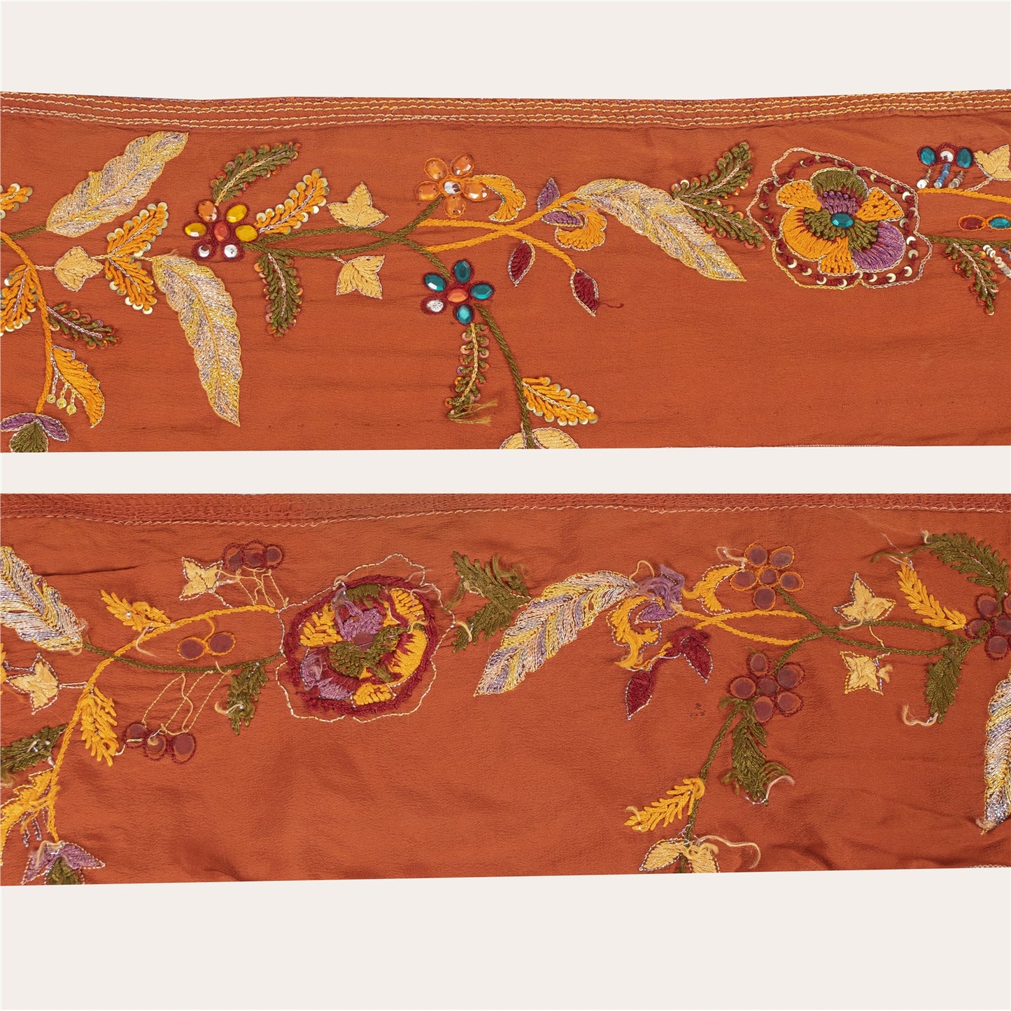 Sanskriti Vintage Sari Border Hand Beaded Zari 1 YD Trim Orange 5W Lace Ribbon