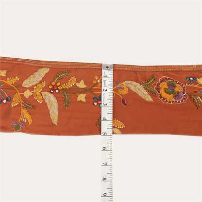 Sanskriti Vintage Sari Border Hand Beaded Zari 1 YD Trim Orange 5W Lace Ribbon