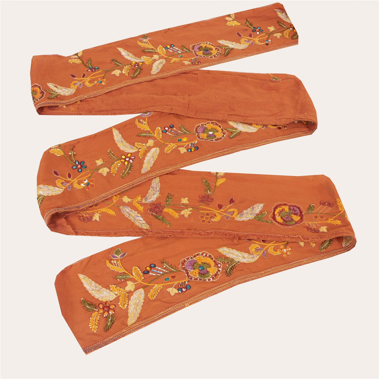 Sanskriti Vintage Sari Border Hand Beaded Zari 1 YD Trim Orange 5W Lace Ribbon