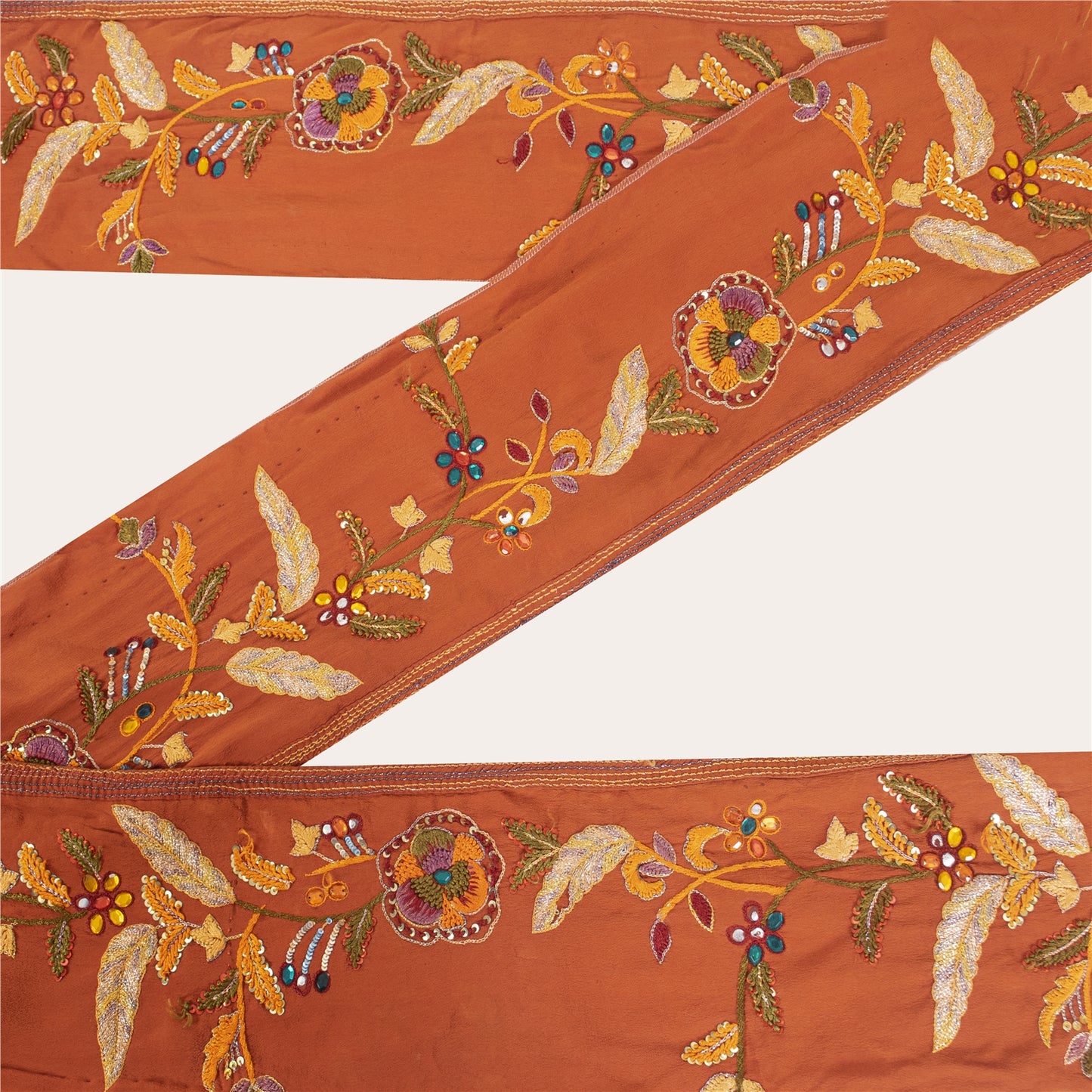 Sanskriti Vintage Sari Border Hand Beaded Zari 1 YD Trim Orange 5W Lace Ribbon