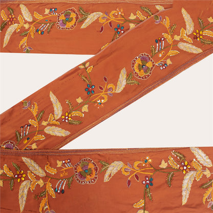 Sanskriti Vintage Sari Border Hand Beaded Zari 1 YD Trim Orange 5W Lace Ribbon