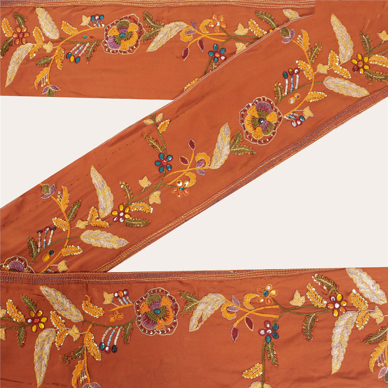Sanskriti Vintage Sari Border Hand Beaded Zari 1 YD Trim Orange 5W Lace Ribbon