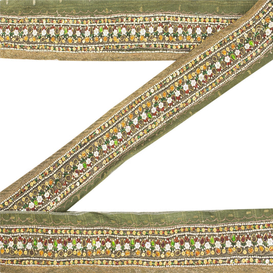 SANSKRITI VINTAGE SARI BORDER HAND BEADED 1 YD TRIMS 1.5W RIBBON DECOR GREEN