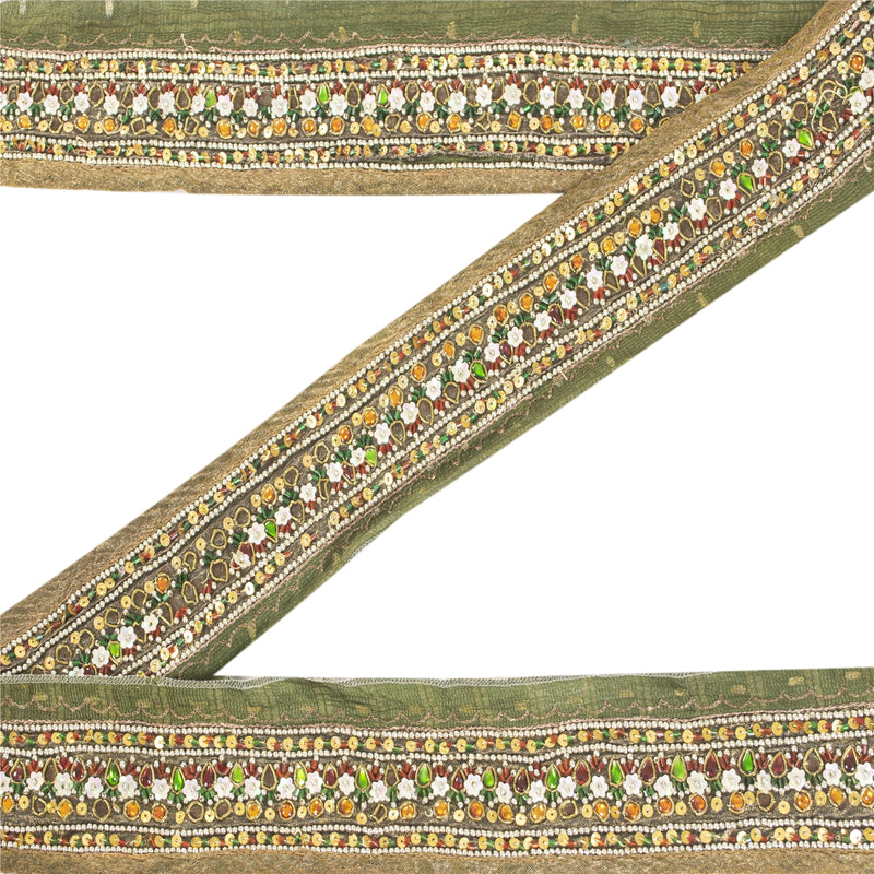 SANSKRITI VINTAGE SARI BORDER HAND BEADED 1 YD TRIMS 1.5W RIBBON DECOR GREEN