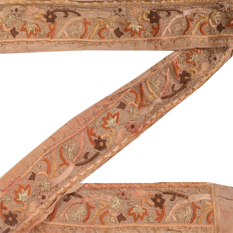Sanskriti Vintage Sari/Saree Border Embroidered Zari 1 YD Trim Brown 3W Ribbon