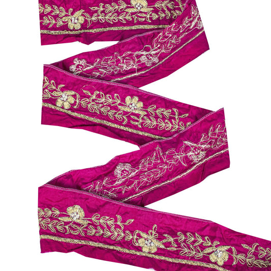 Sanskriti Vintage Purple Pure Silk 1 YD Sari Border Hand Embroidered Zari Trim