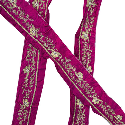 Sanskriti Vintage Purple Pure Silk 1 YD Sari Border Hand Embroidered Zari Trim