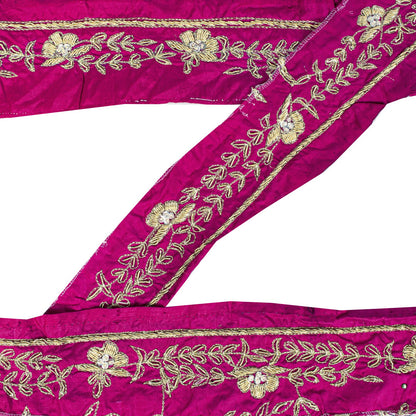Sanskriti Vintage Purple Pure Silk 1 YD Sari Border Hand Embroidered Zari Trim