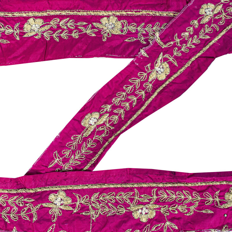 Sanskriti Vintage Purple Pure Silk 1 YD Sari Border Hand Embroidered Zari Trim