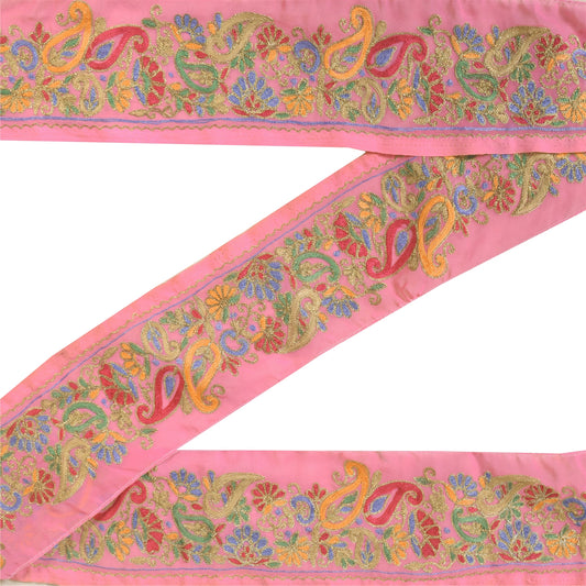 Sanskriti Vintage Sari Border Hand Beaded Craft 1 YD Sewing Pink Trims Deco Lace