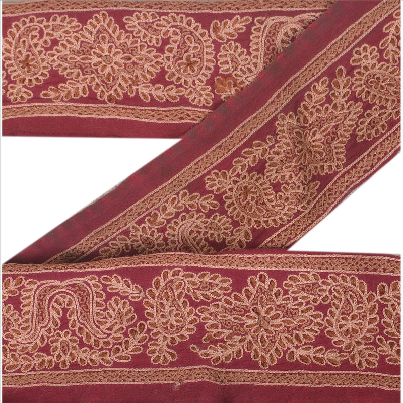 Sanskriti Vintage Hand Embroidered Sari Border: Vintage Indian Trim, Dark Red Crepe Silk Lace upholstery fabric