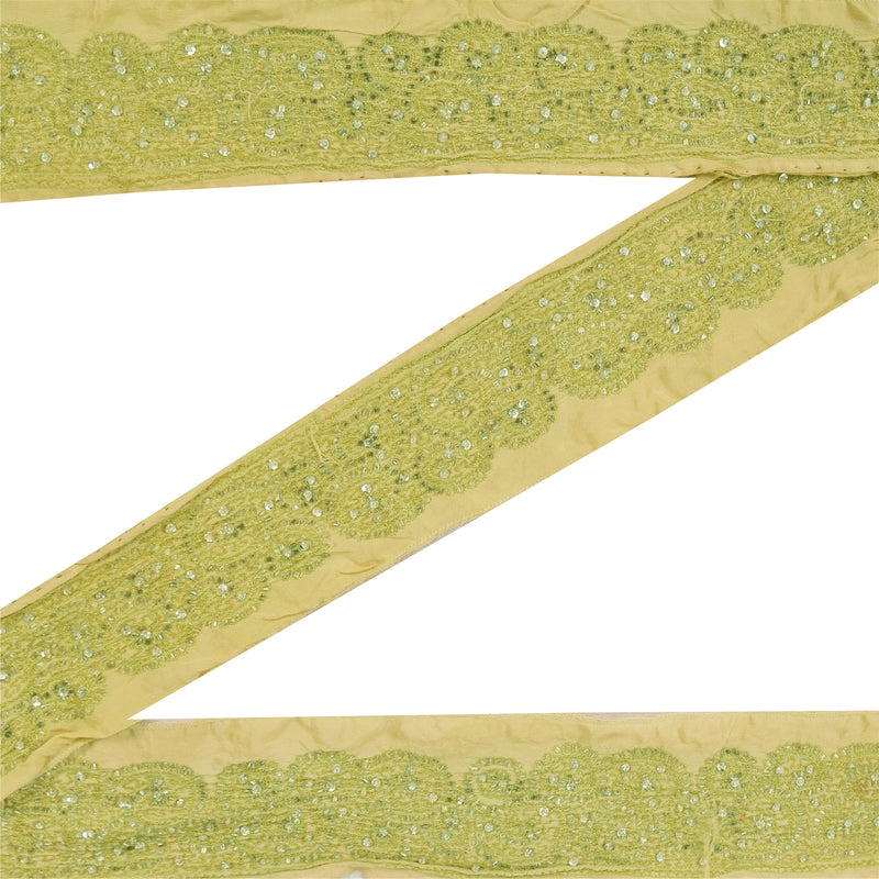 Sanskriti Vintage Sarees Sari Border Hand Beaded 1 Yd Trims Lace 3W Floral Green upholstery fabric