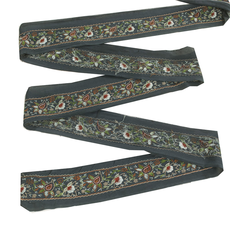 Sanskriti Vintage Sari/Saree Border Hand Embroidery 1YD Trim Grayish 3.2W Black