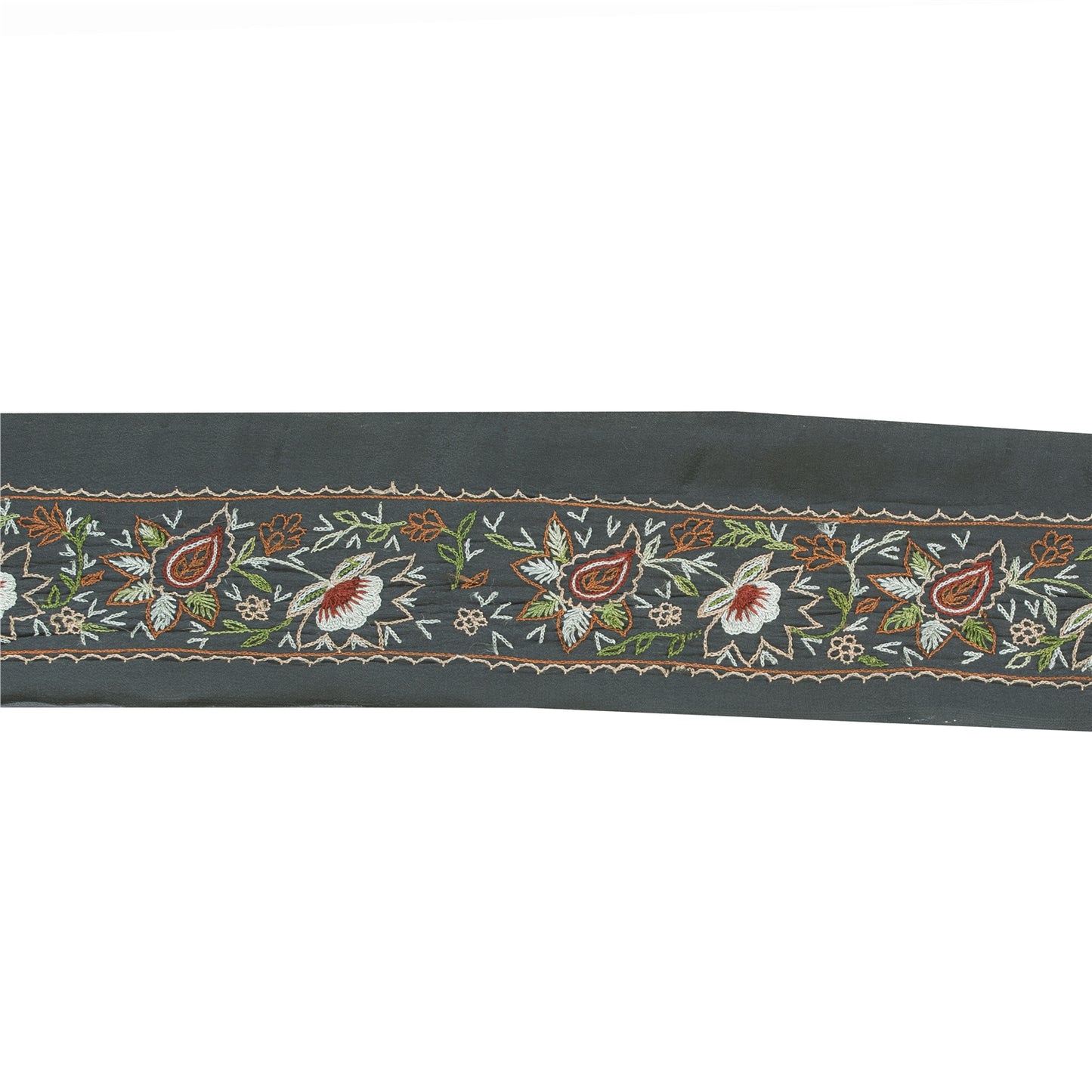 Sanskriti Vintage Sari/Saree Border Hand Embroidery 1YD Trim Grayish 3.2W Black