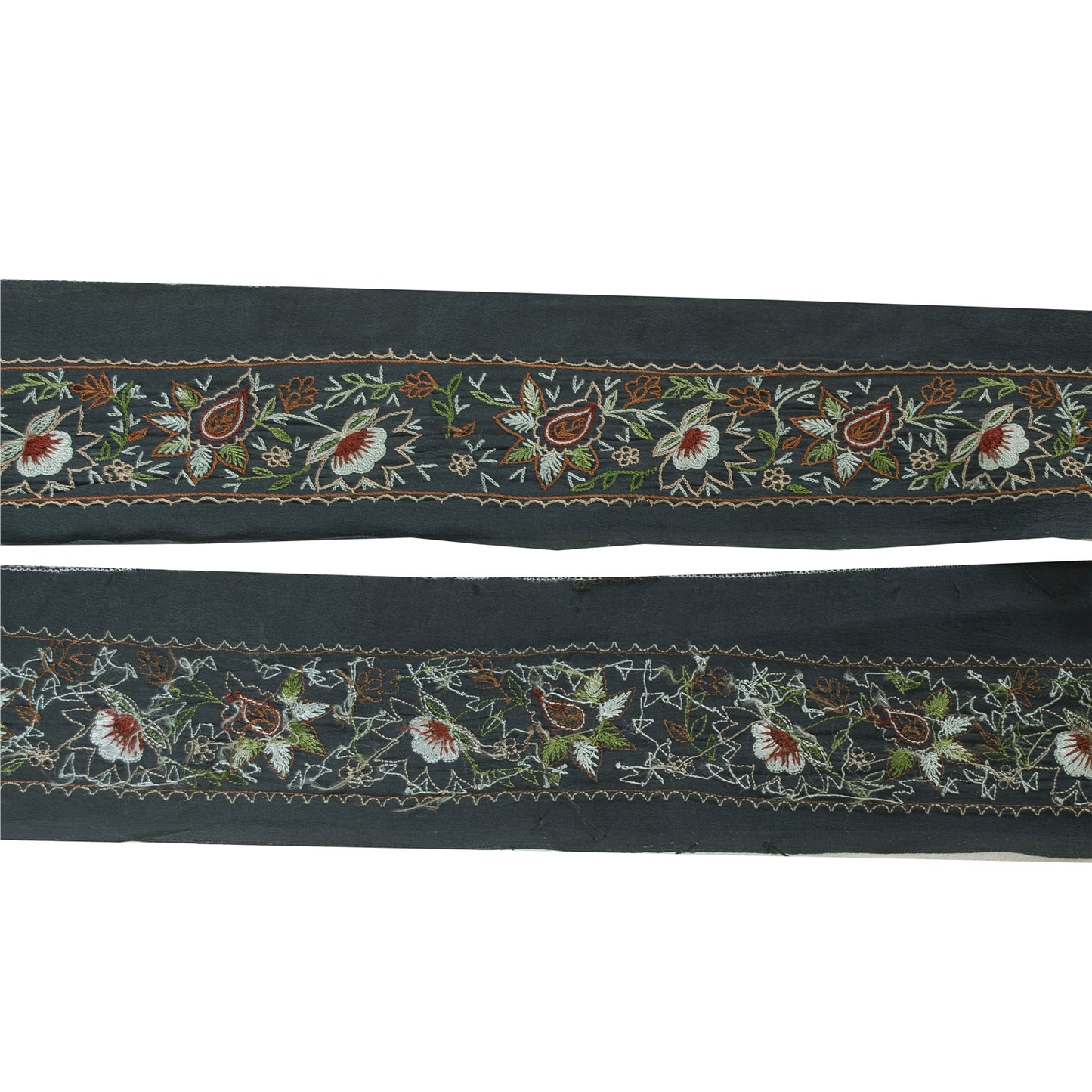 Sanskriti Vintage Sari/Saree Border Hand Embroidery 1YD Trim Grayish 3.2W Black