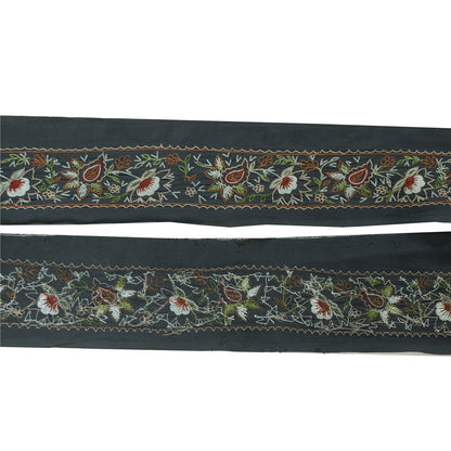 Sanskriti Vintage Sari/Saree Border Hand Embroidery 1YD Trim Grayish 3.2W Black