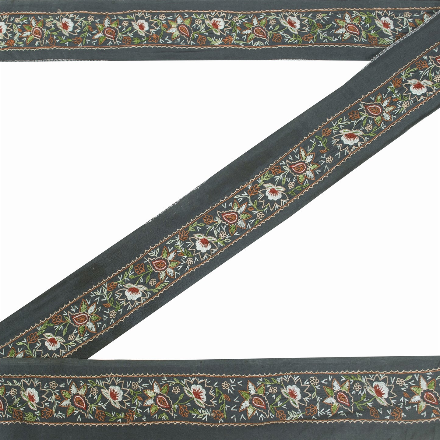 Sanskriti Vintage Sari/Saree Border Hand Embroidery 1YD Trim Grayish 3.2W Black