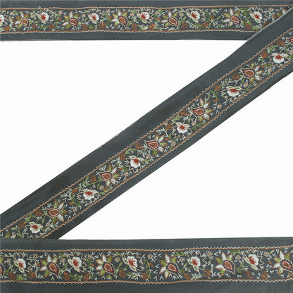Sanskriti Vintage Sari/Saree Border Hand Embroidery 1YD Trim Grayish 3.2W Black