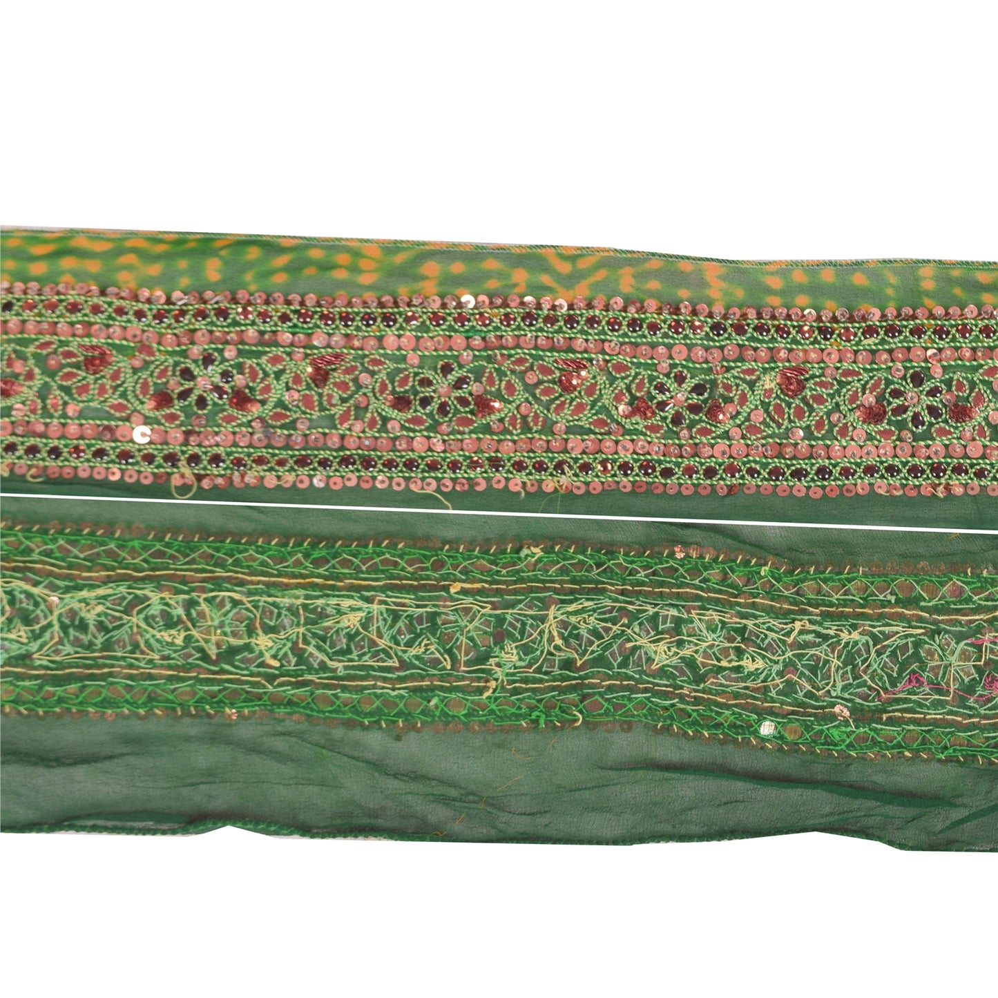 Sanskriti Vintage Sari/Saree Border Hand Beaded Gota 1 YD Trim Green & Saffron