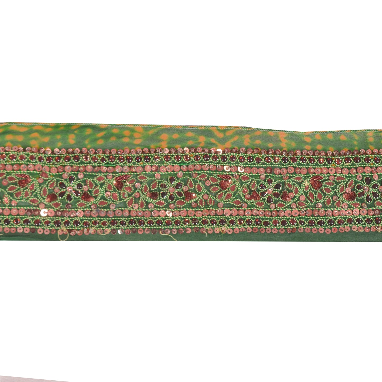 Sanskriti Vintage Sari/Saree Border Hand Beaded Gota 1 YD Trim Green & Saffron
