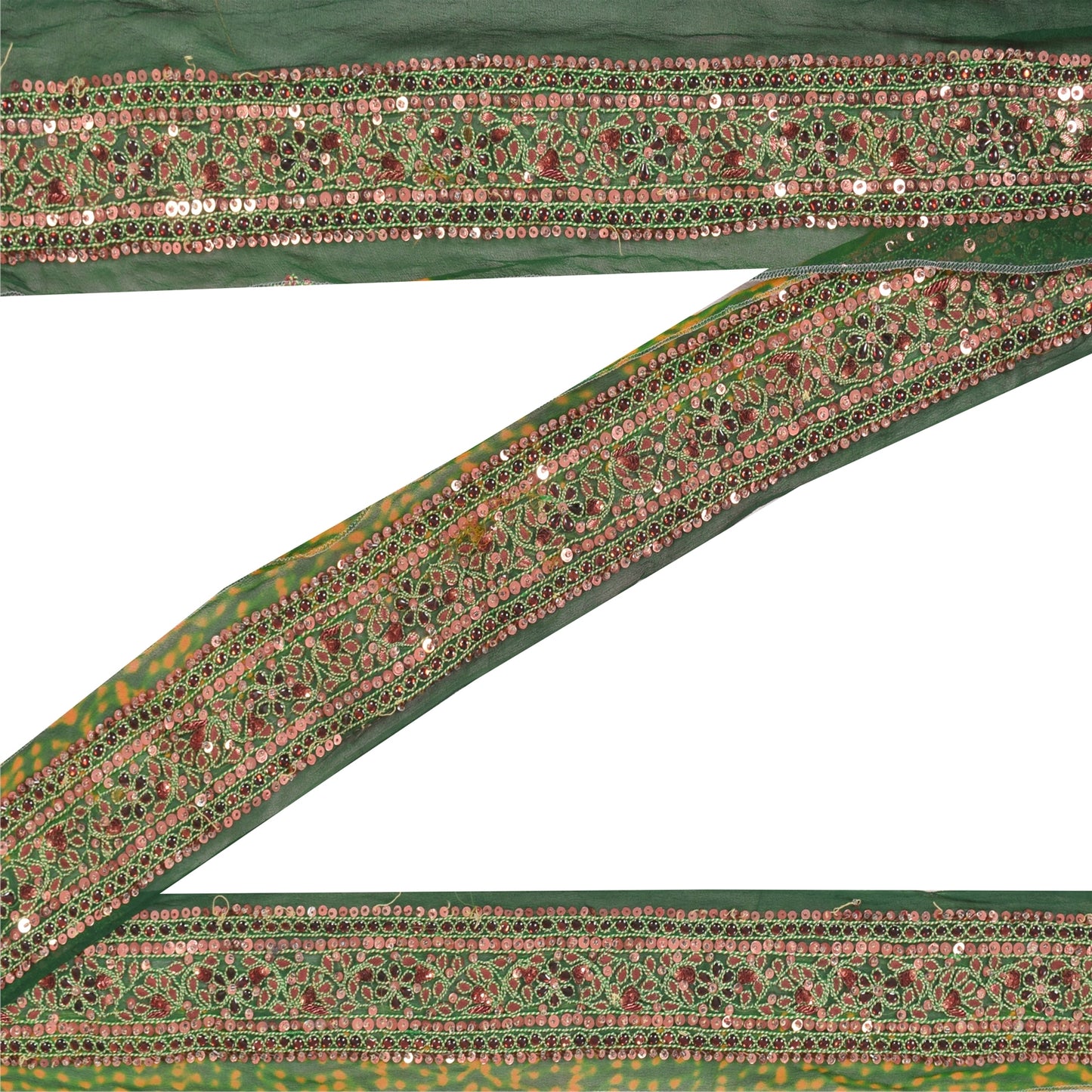 Sanskriti Vintage Sari/Saree Border Hand Beaded Gota 1 YD Trim Green & Saffron
