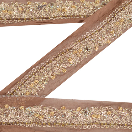 Sanskriti Vintage Sari Border Hand Beaded 1 Yd Indian Trim Sewing Brown Lace