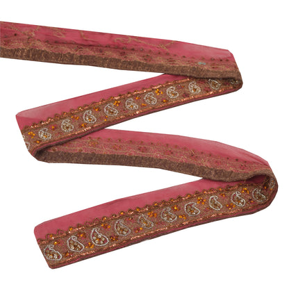 Sanskriti Vintage Sari Border Hand Beaded Craft Trims Lace 1YD Zari Pink Ribbon