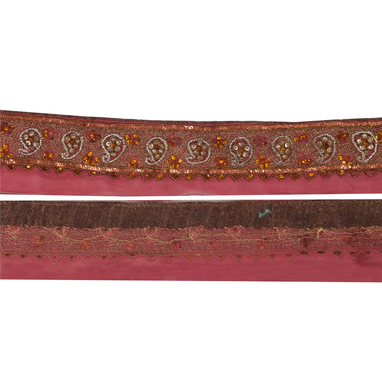 Sanskriti Vintage Sari Border Hand Beaded Craft Trims Lace 1YD Zari Pink Ribbon