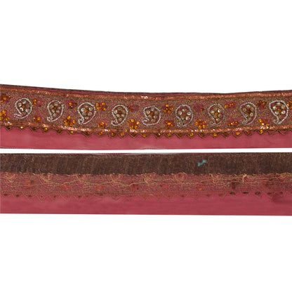 Sanskriti Vintage Sari Border Hand Beaded Craft Trims Lace 1YD Zari Pink Ribbon