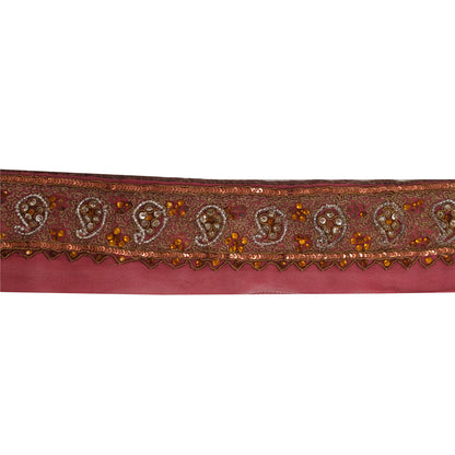 Sanskriti Vintage Sari Border Hand Beaded Craft Trims Lace 1YD Zari Pink Ribbon